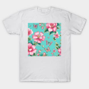 Pink and turquoise chinoiserie flowers and butterflies T-Shirt